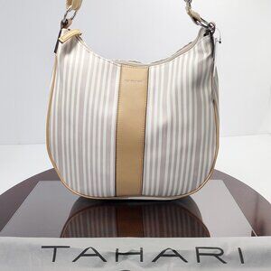 NWT Tahari Logo Hobo Handbag Striped Purse Satchel Vegan Recycled Beige $139 12"